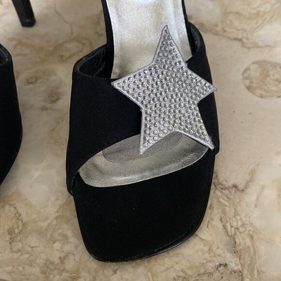 Stuart Weitzman Black Satin Heels Silver Rhinestone Moon & Star Mule Sandals - Picture 9 of 15